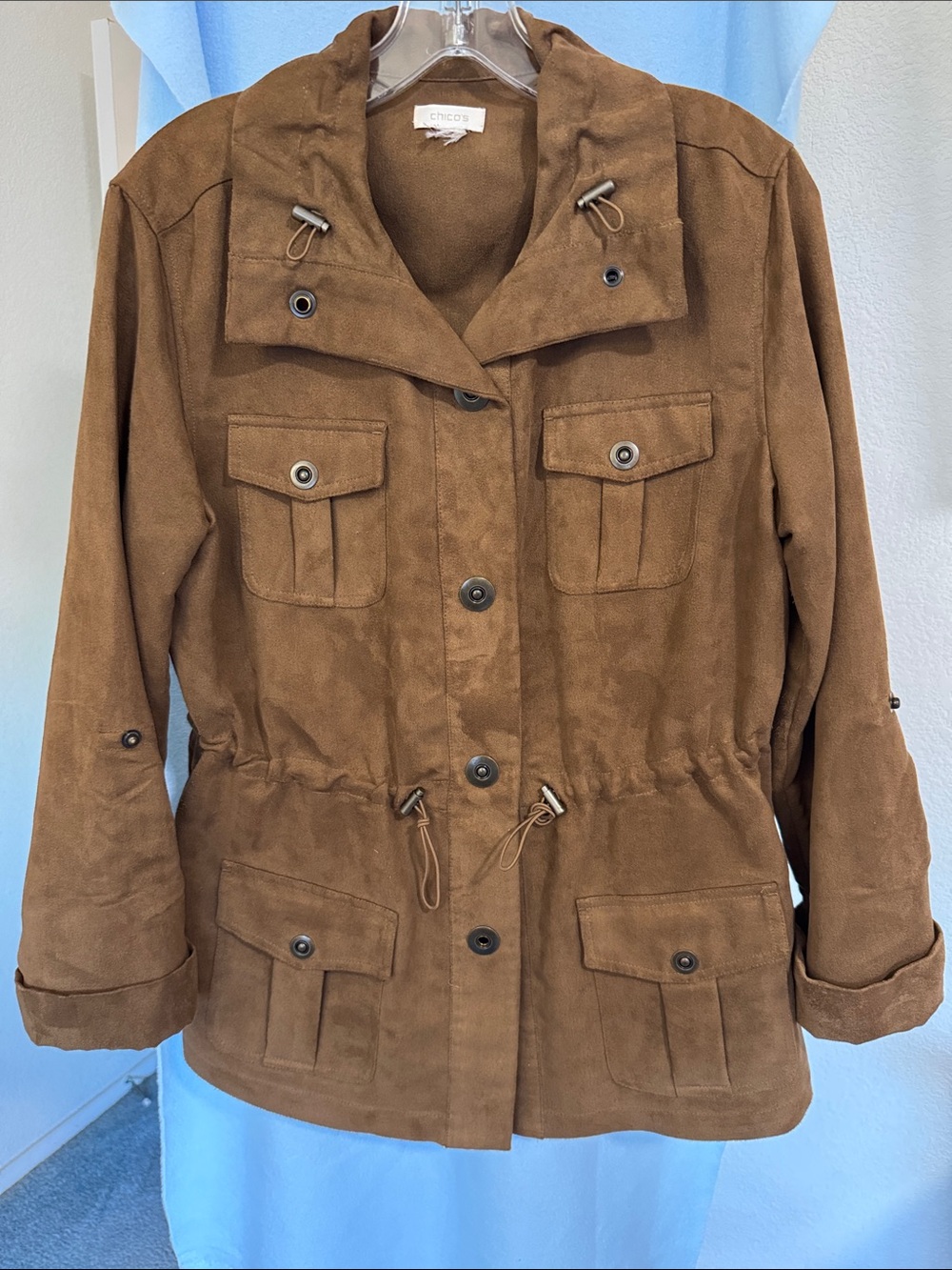 Chico's Suede-Look Brown Utility Jacket with Drawstring Waist